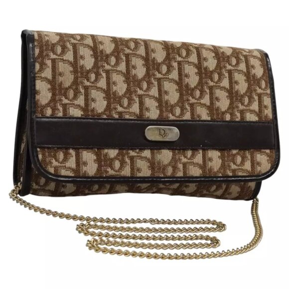 Christian Dior Trotter Canvas Chain Shoulder Bag Brown Gold Auth KD045 - Picture 1 of 16